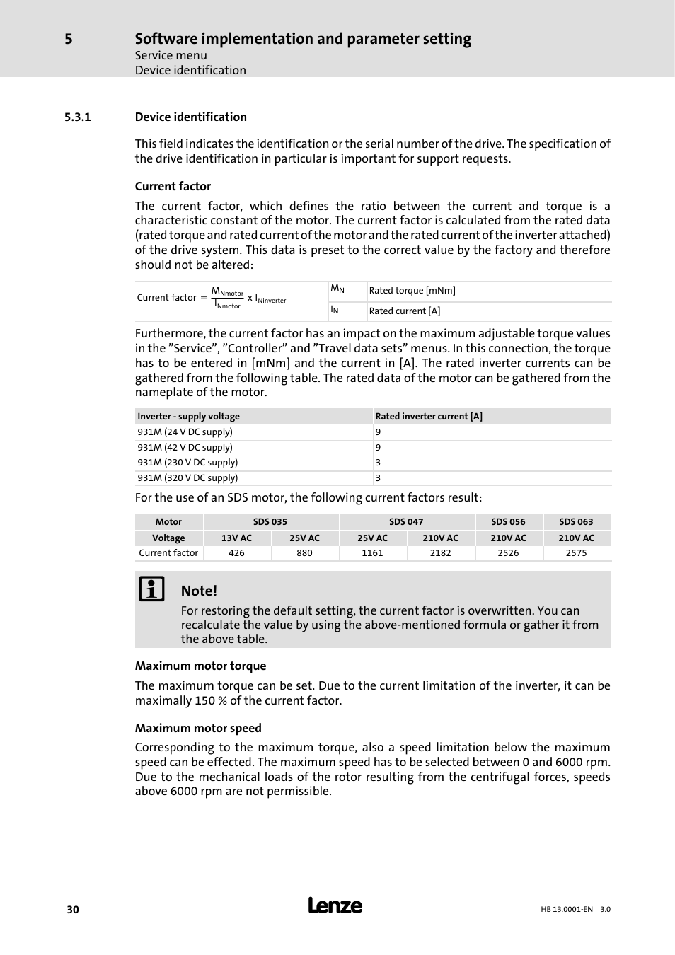 1 device identification, Device identification, Software implementation and parameter setting | Lenze 931W User Manual | Page 30 / 78
