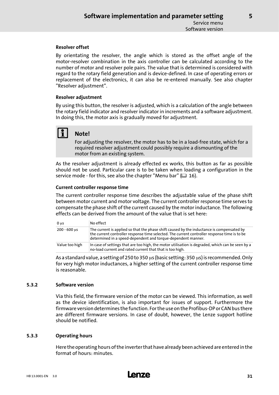 2 software version, 3 operating hours, Software version | Operating hours, Software implementation and parameter setting | Lenze 931W User Manual | Page 31 / 78