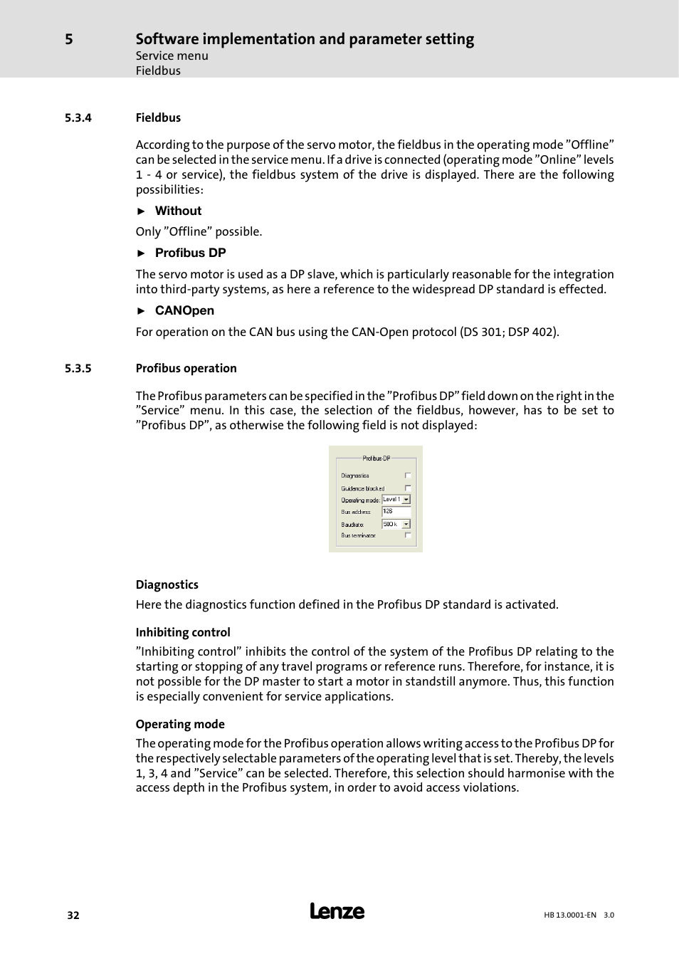 4 fieldbus, 5 profibus operation, Fieldbus | Profibus operation, Software implementation and parameter setting | Lenze 931W User Manual | Page 32 / 78