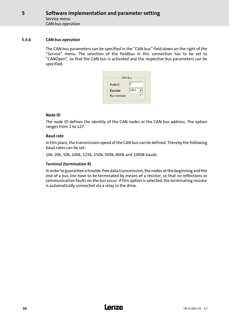 6 can bus operation, Can bus operation, Software implementation and parameter setting | Lenze 931W User Manual | Page 34 / 78