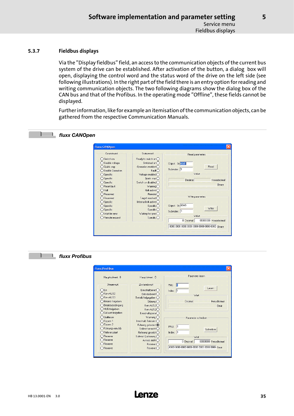 7 fieldbus displays, Fieldbus displays, Software implementation and parameter setting | Lenze 931W User Manual | Page 35 / 78
