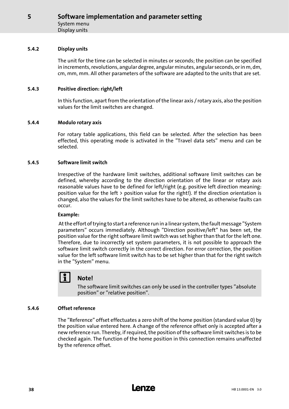 2 display units, 3 positive direction: right/ left, 4 modulo rotary axis | 5 software limit switch, 6 offset reference, Display units, Positive direction: right/left, Modulo rotary axis, Software limit switch, Offset reference | Lenze 931W User Manual | Page 38 / 78