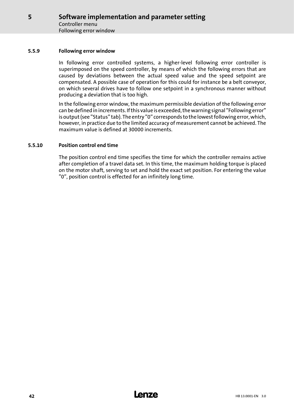 9 following error window, 10 position control end time, Following error window | Software implementation and parameter setting | Lenze 931W User Manual | Page 42 / 78