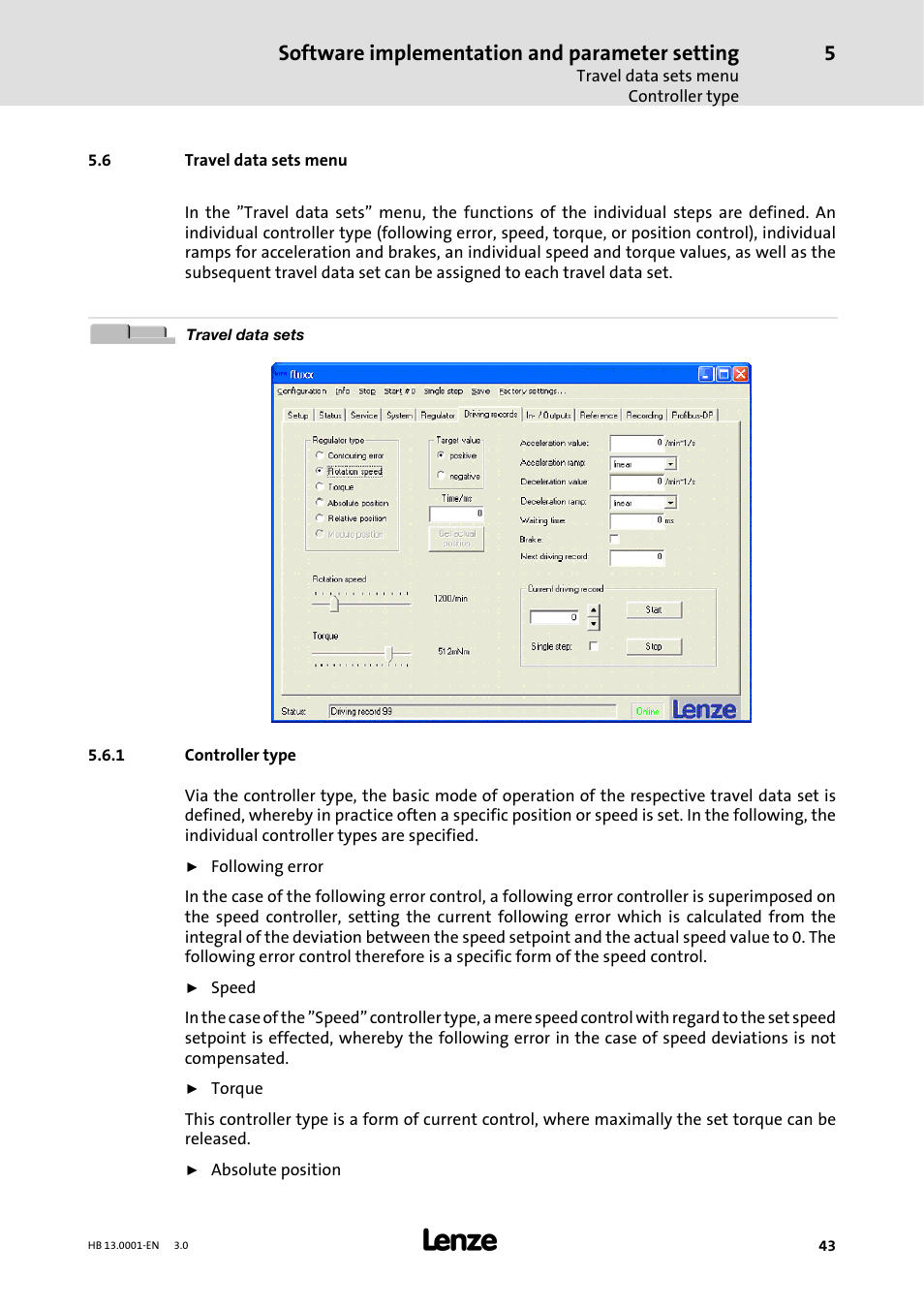 6 travel data sets menu, 1 controller type, Controller type | Software implementation and parameter setting | Lenze 931W User Manual | Page 43 / 78