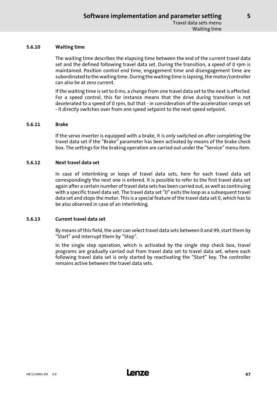 10 waiting time, 11 brake, 12 next travel data set | 13 current travel data set, Software implementation and parameter setting | Lenze 931W User Manual | Page 47 / 78