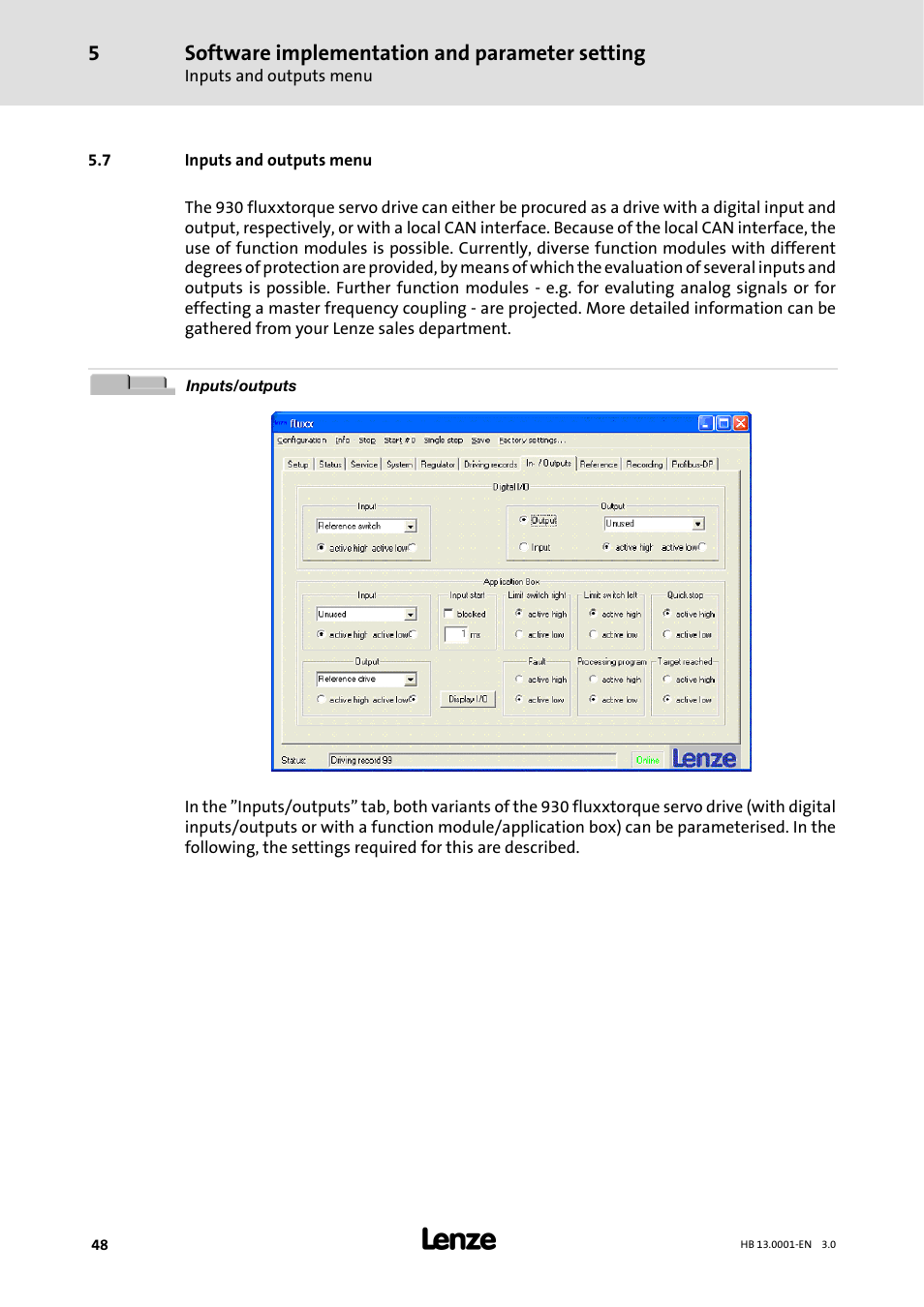 7 inputs and outputs menu, Software implementation and parameter setting | Lenze 931W User Manual | Page 48 / 78