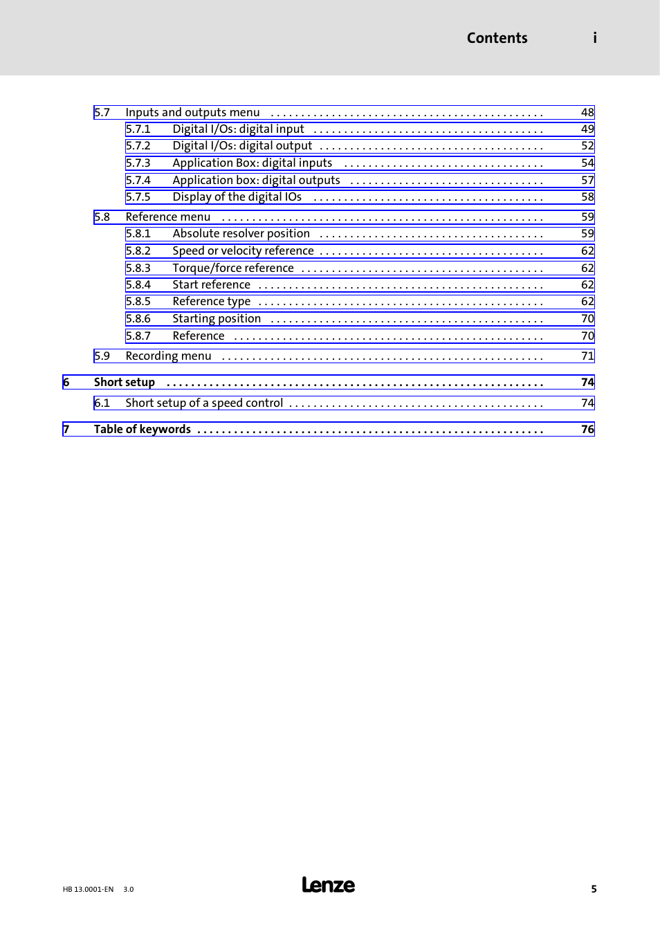Contents i | Lenze 931W User Manual | Page 5 / 78