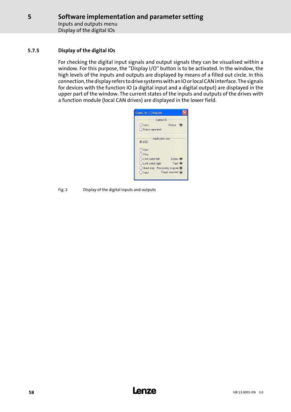 5 display of the digital ios, Display of the digital ios, Software implementation and parameter setting | Lenze 931W User Manual | Page 58 / 78