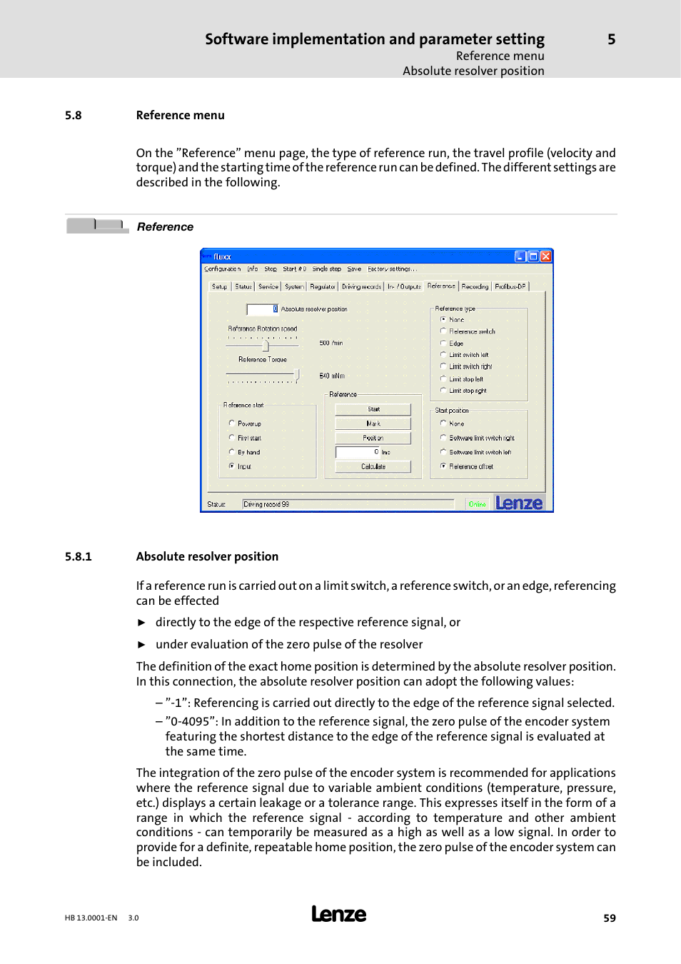 8 reference menu, 1 absolute resolver position, Absolute resolver position | Software implementation and parameter setting | Lenze 931W User Manual | Page 59 / 78