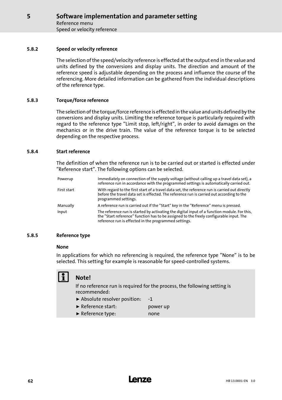 2 speed or velocity reference, 3 torque/force reference, 4 start reference | 5 reference type, Speed or velocity reference, Torque/force reference, Start reference, Reference type, Software implementation and parameter setting | Lenze 931W User Manual | Page 62 / 78