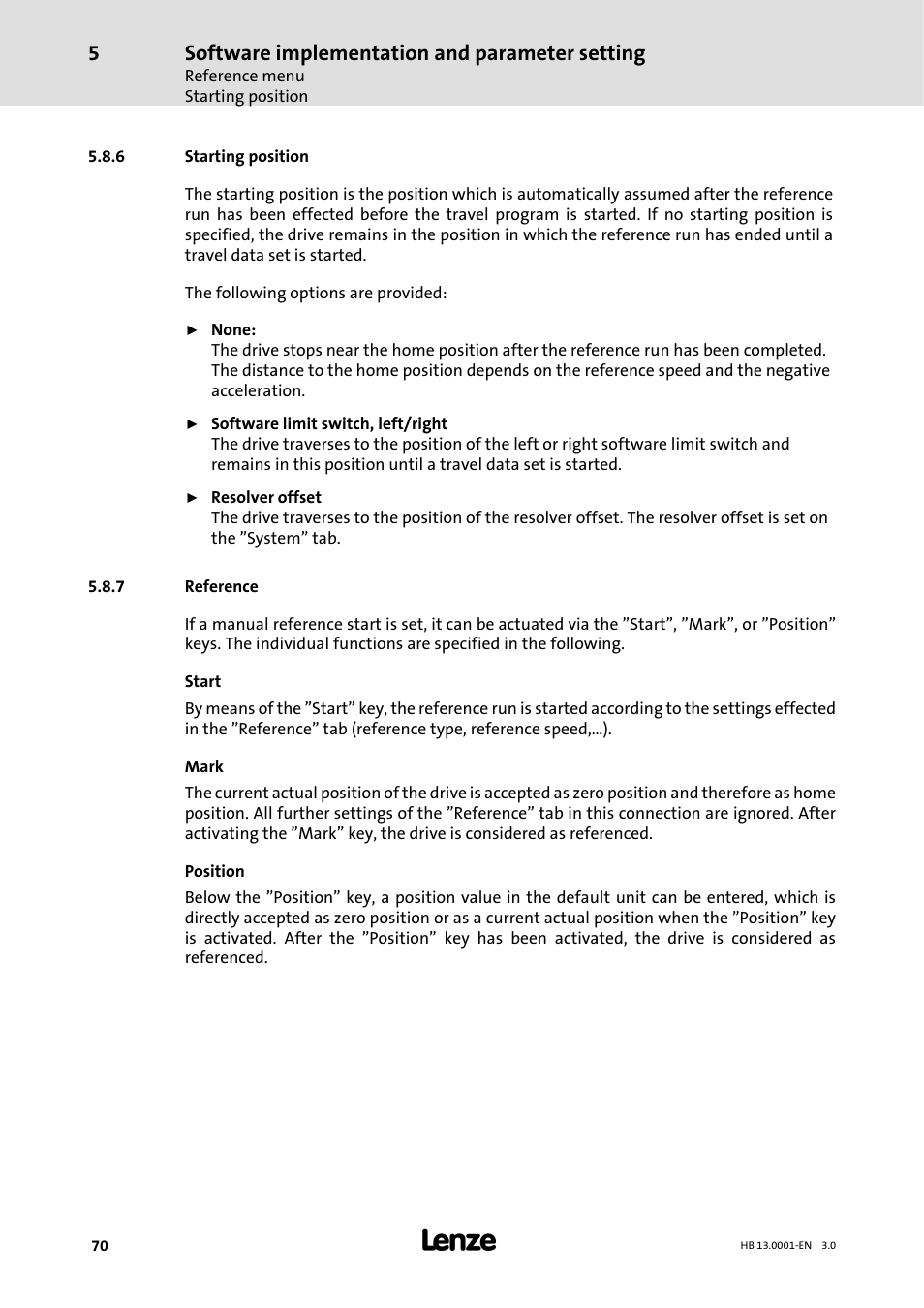 6 starting position, 7 reference, Starting position | Reference, Software implementation and parameter setting | Lenze 931W User Manual | Page 70 / 78