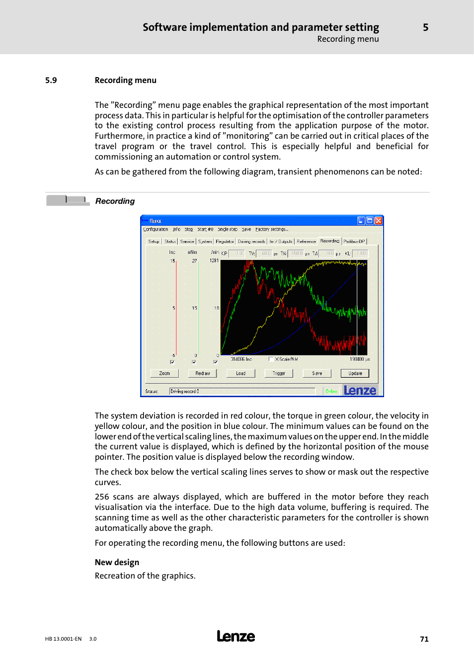 9 recording menu, Software implementation and parameter setting | Lenze 931W User Manual | Page 71 / 78