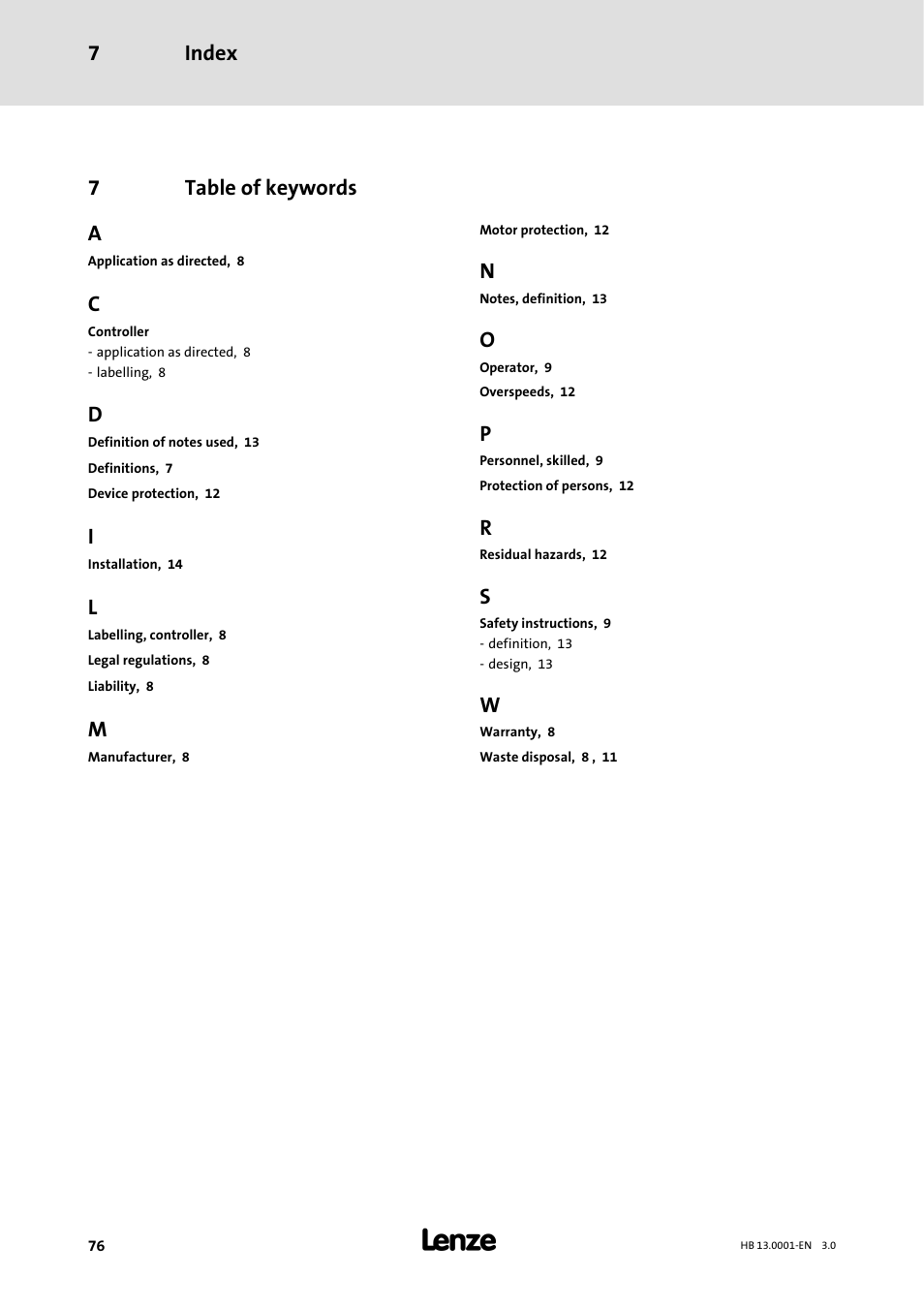 7 table of keywords, Table of keywords, Index 7 | 7table of keywords a | Lenze 931W User Manual | Page 76 / 78