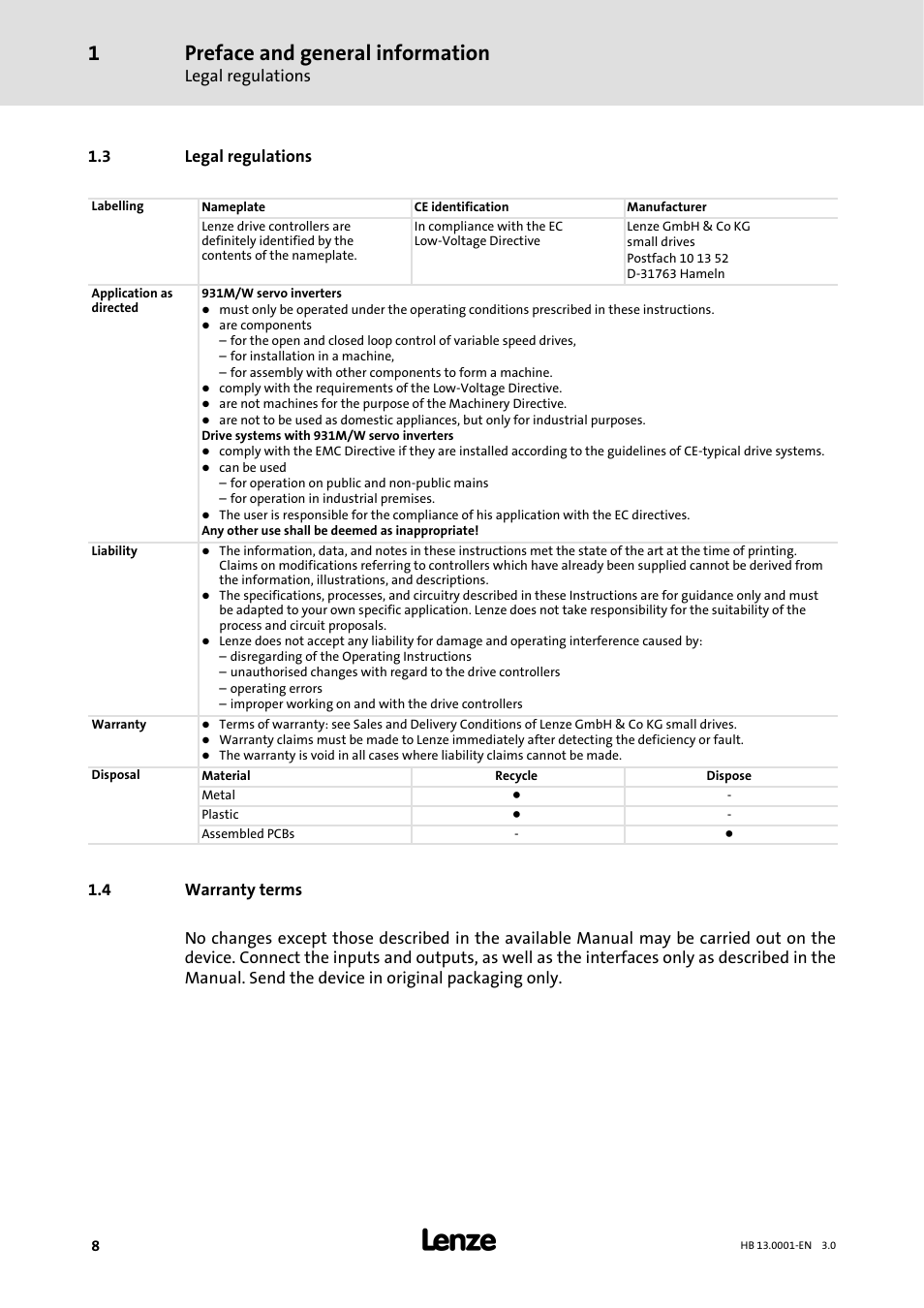 3 legal regulations, 4 warranty terms, Preface and general information | Legal regulations | Lenze 931W User Manual | Page 8 / 78