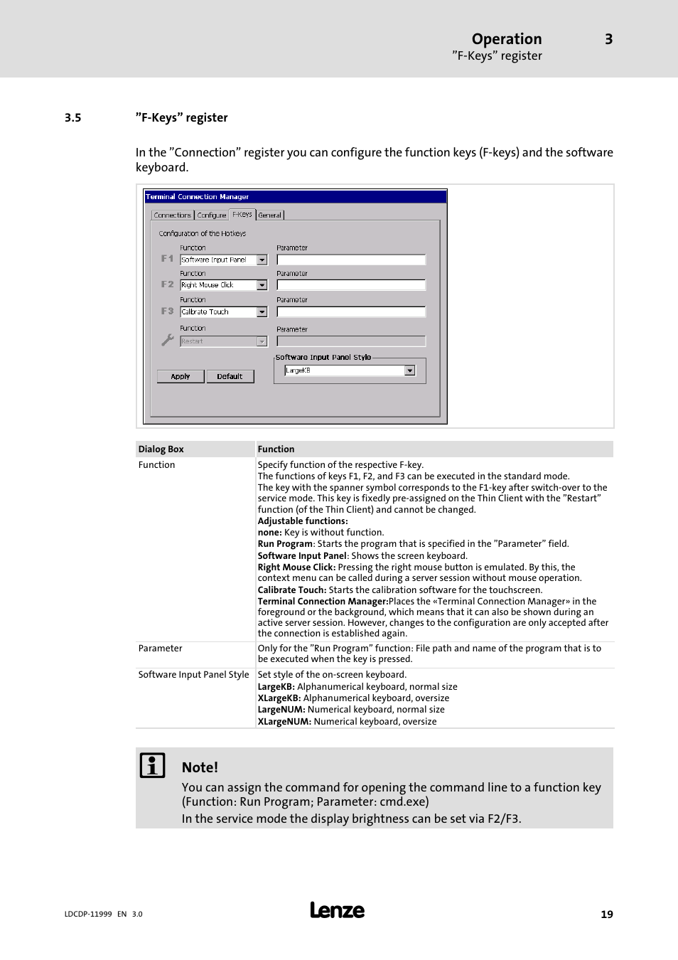 5 "f-keys" register, F−keys" register, Operation | Lenze IPC Operating System Windows CE Thin Client User Manual | Page 19 / 26