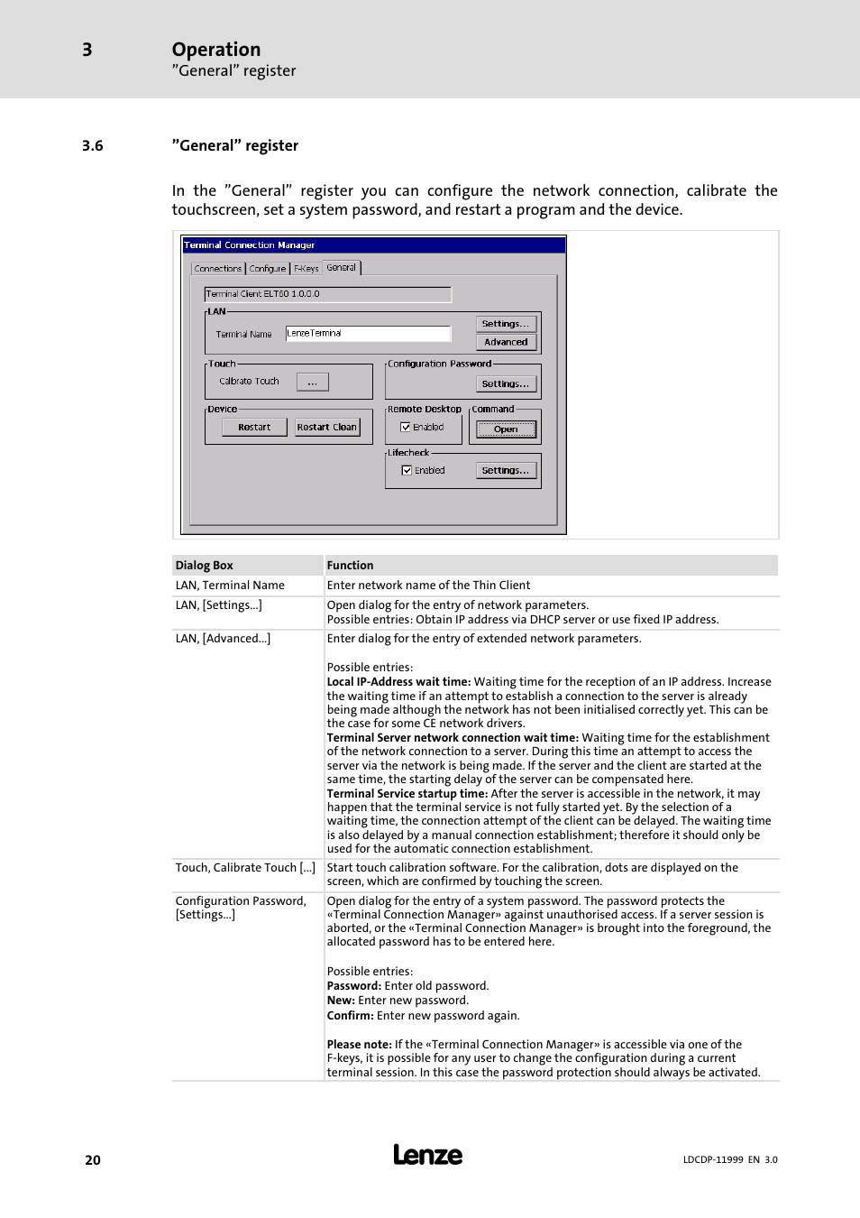 6 "general" register, General" register, 20 (lan) | Operation | Lenze IPC Operating System Windows CE Thin Client User Manual | Page 20 / 26