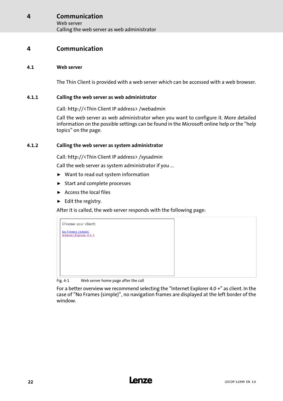 4 communication, 1 web server, 1 calling the web server as web administrator | 2 calling the web server as system administrator, Communication, Web server, Calling the web server as web administrator, Calling the web server as system administrator, 4communication | Lenze IPC Operating System Windows CE Thin Client User Manual | Page 22 / 26