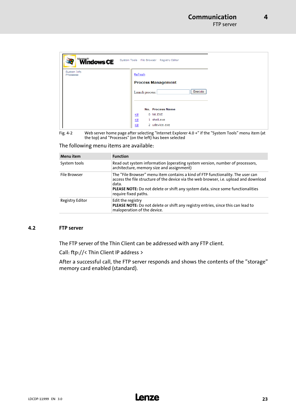 2 ftp server, Ftp server, 23). the contents of the cf card | Communication | Lenze IPC Operating System Windows CE Thin Client User Manual | Page 23 / 26
