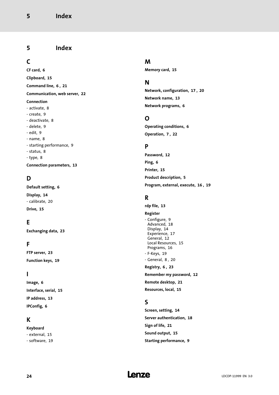 5 index, Index, Index 5 | 5index c | Lenze IPC Operating System Windows CE Thin Client User Manual | Page 24 / 26