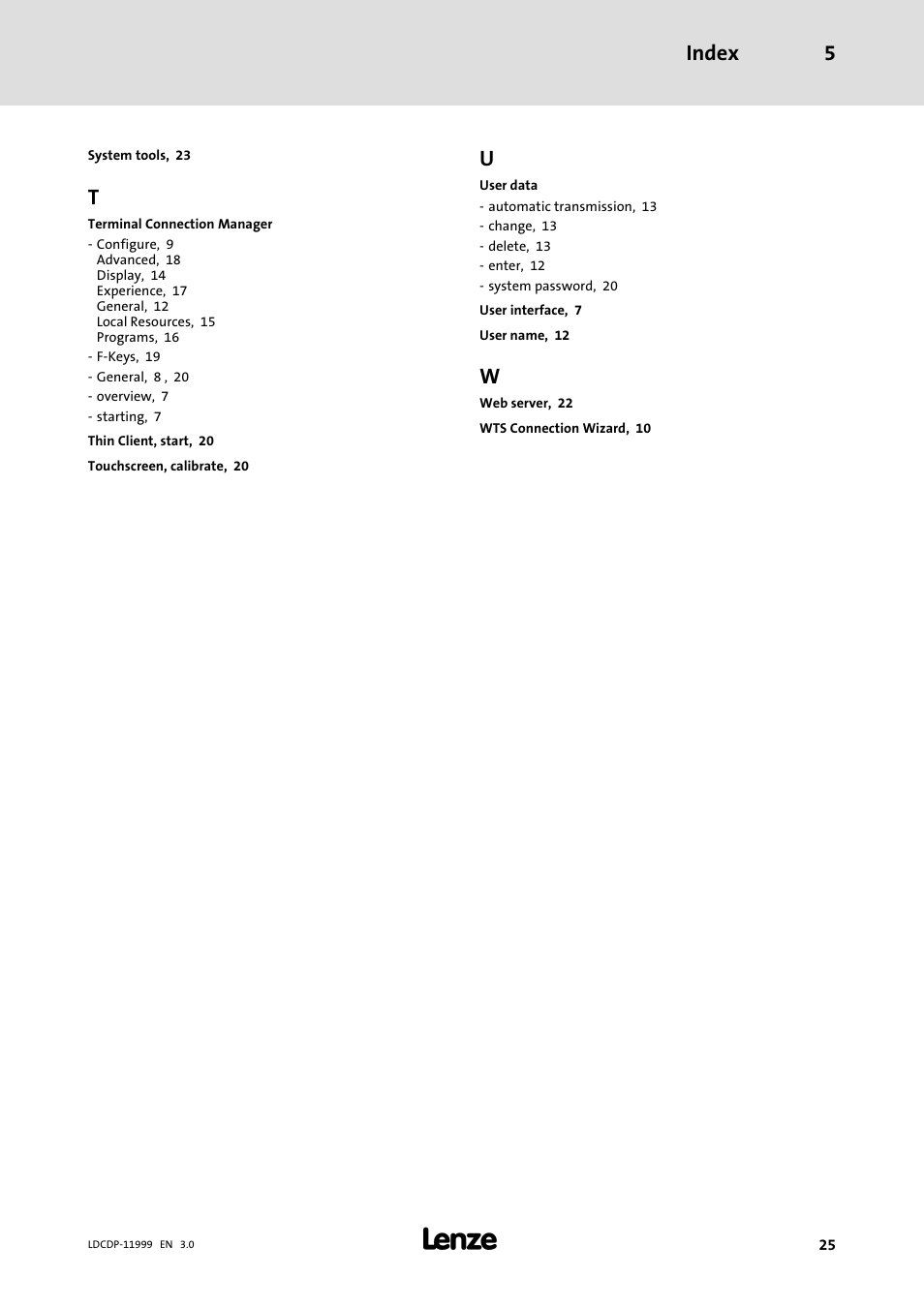 Index 5 | Lenze IPC Operating System Windows CE Thin Client User Manual | Page 25 / 26