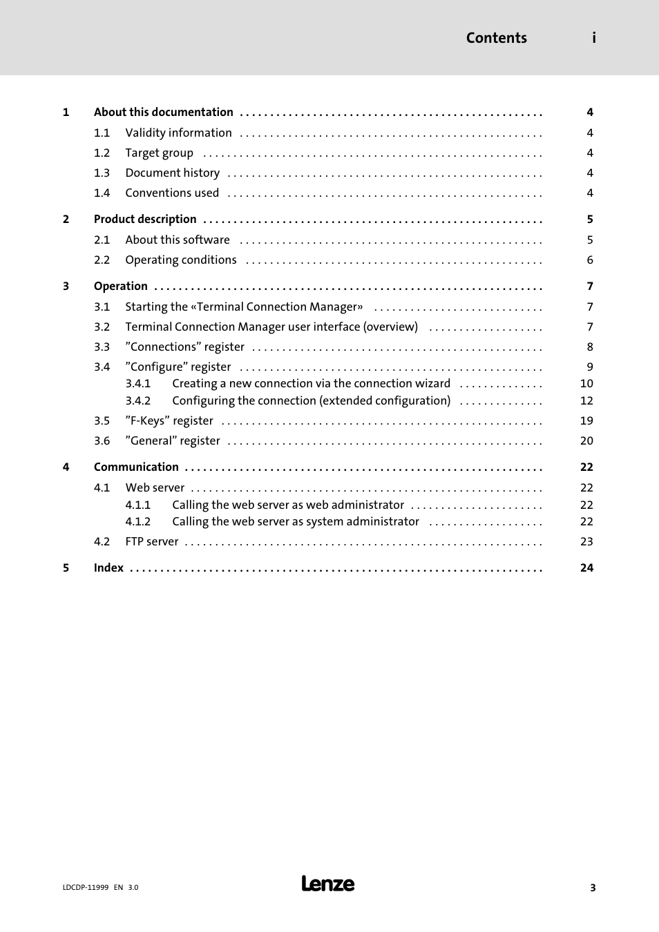 Contents i | Lenze IPC Operating System Windows CE Thin Client User Manual | Page 3 / 26