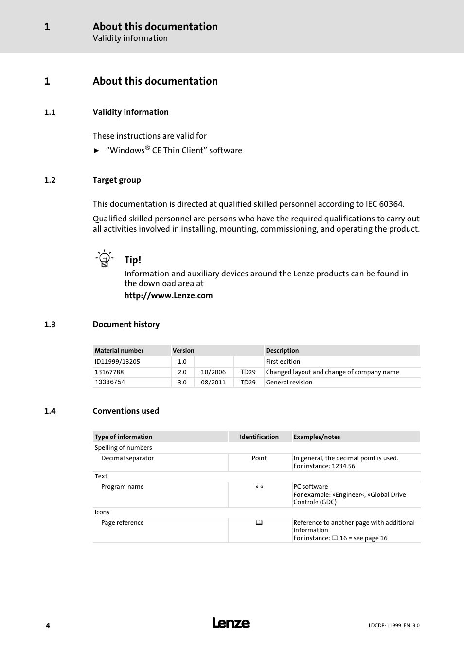 1 about this documentation, 1 validity information, 2 target group | 3 document history, 4 conventions used, About this documentation, Validity information, Target group, Document history, Conventions used | Lenze IPC Operating System Windows CE Thin Client User Manual | Page 4 / 26