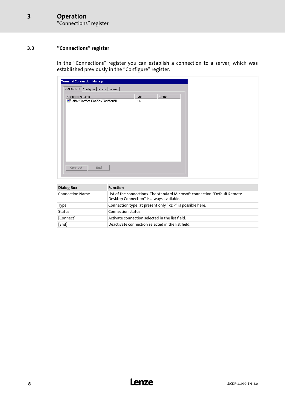3 "connections" register, Connections" register, Operation | Lenze IPC Operating System Windows CE Thin Client User Manual | Page 8 / 26