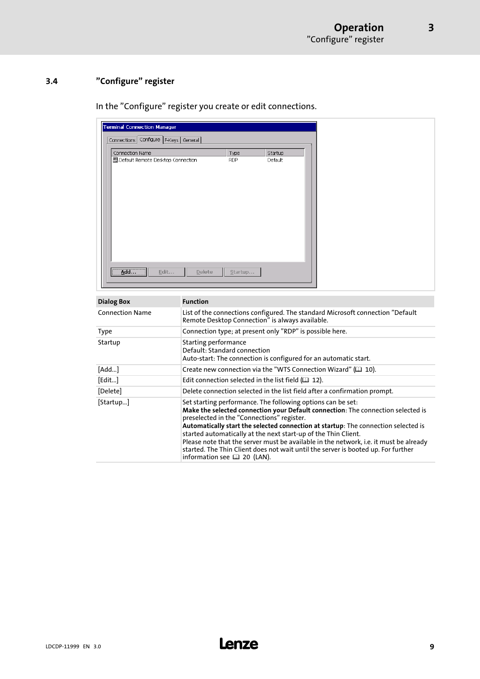 4 "configure" register, Configure" register, Operation | Lenze IPC Operating System Windows CE Thin Client User Manual | Page 9 / 26