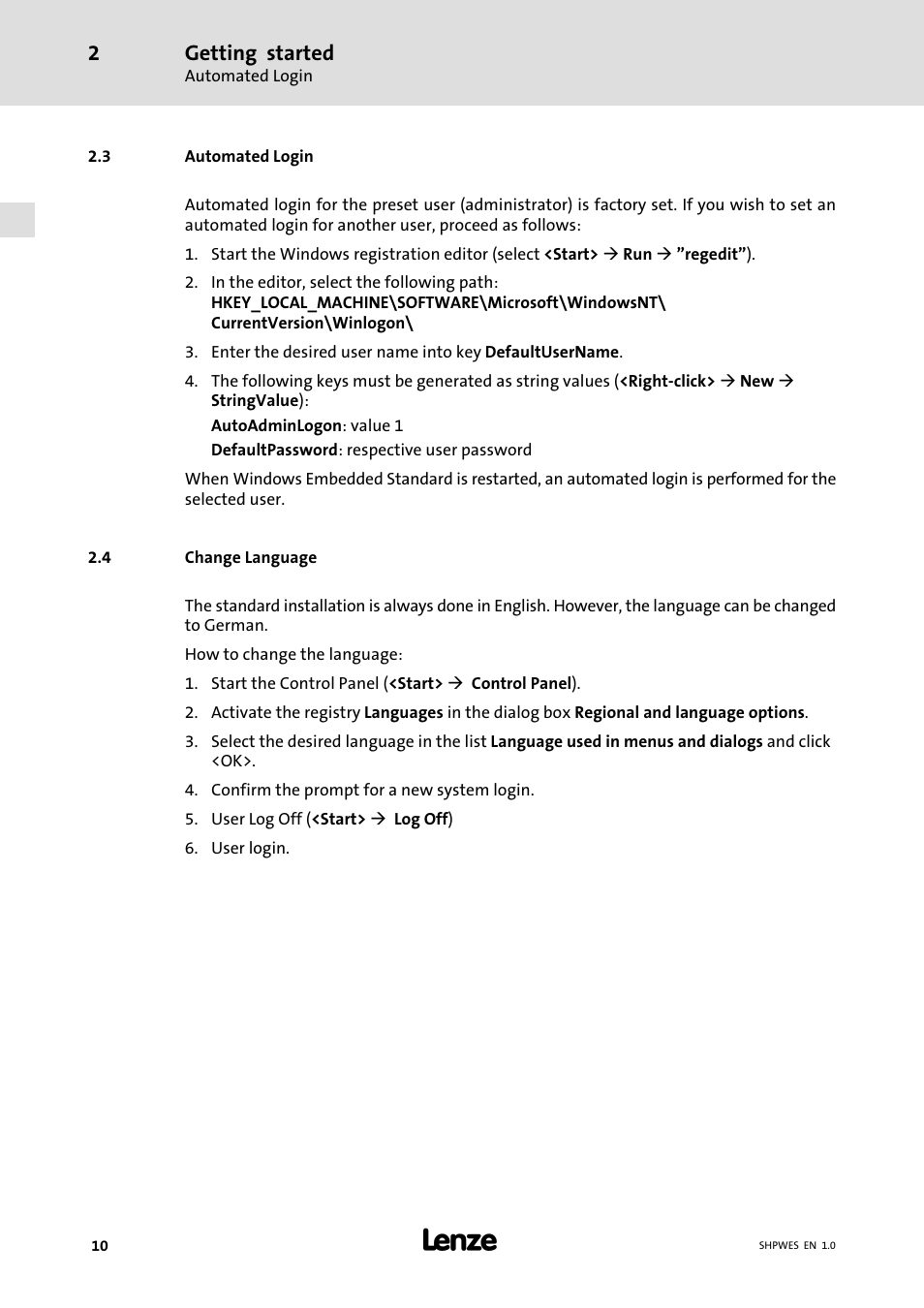 3 automated login, 4 change language, Automated login | Change language, Getting started | Lenze IPC Operating System Windows Embedded Standard 2009 User Manual | Page 10 / 14