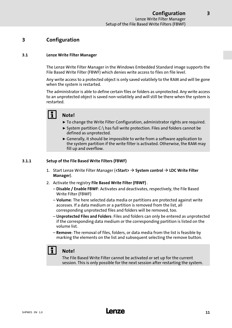 3 configuration, 1 lenze write filter manager, 1 setup of the file based write filters (fbwf) | Configuration, Lenze write filter manager, Setup of the file based write filters (fbwf) | Lenze IPC Operating System Windows Embedded Standard 2009 User Manual | Page 11 / 14