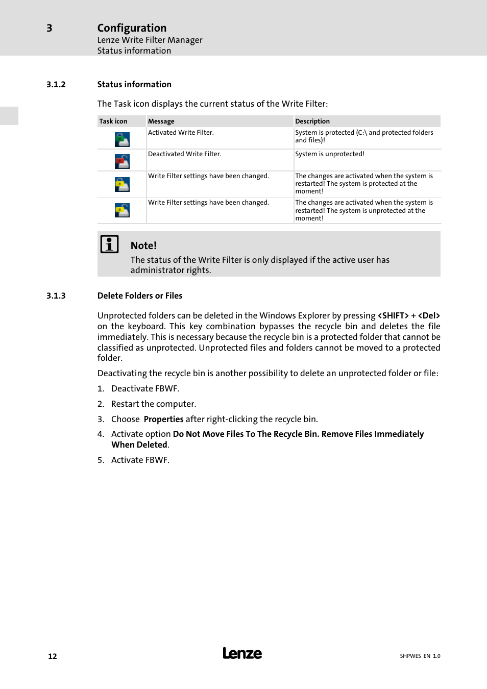 2 status information, 3 delete folders or files, Status information | Delete folders or files, Configuration | Lenze IPC Operating System Windows Embedded Standard 2009 User Manual | Page 12 / 14