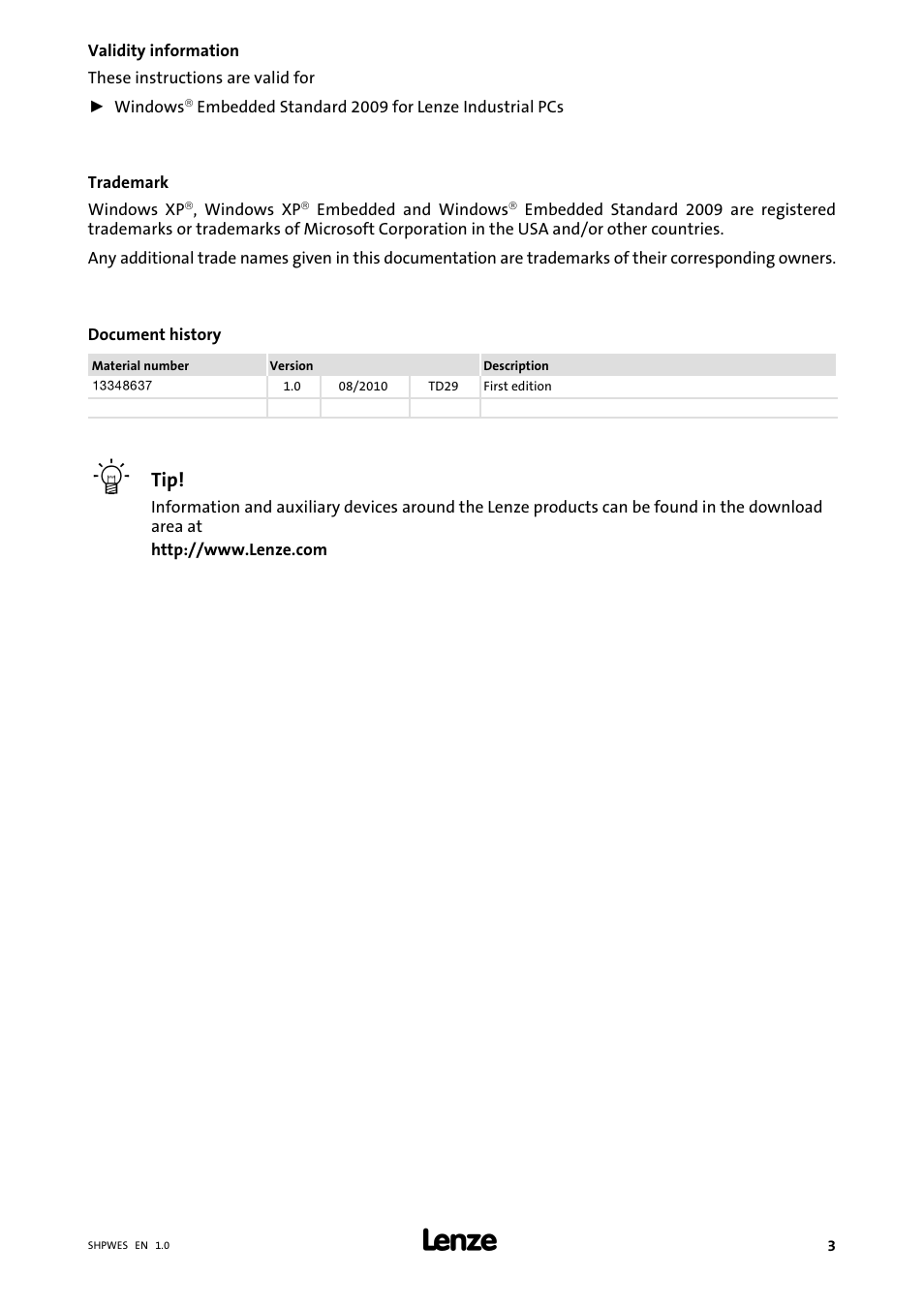 Validity information, Trademark, Document history | Lenze IPC Operating System Windows Embedded Standard 2009 User Manual | Page 3 / 14