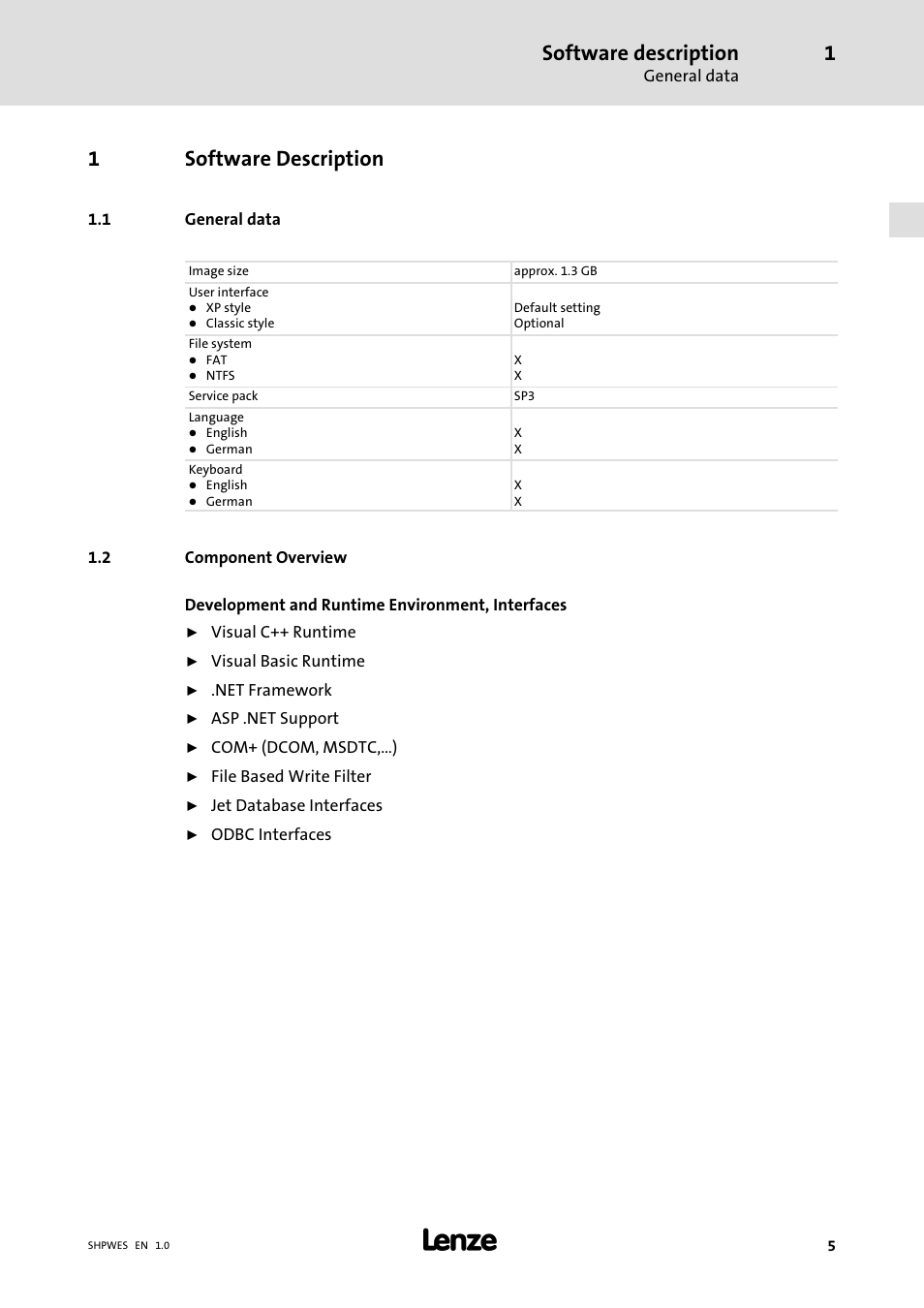 1 software description, 1 general data, 2 component overview | Software description, General data, Component overview, 1software description | Lenze IPC Operating System Windows Embedded Standard 2009 User Manual | Page 5 / 14