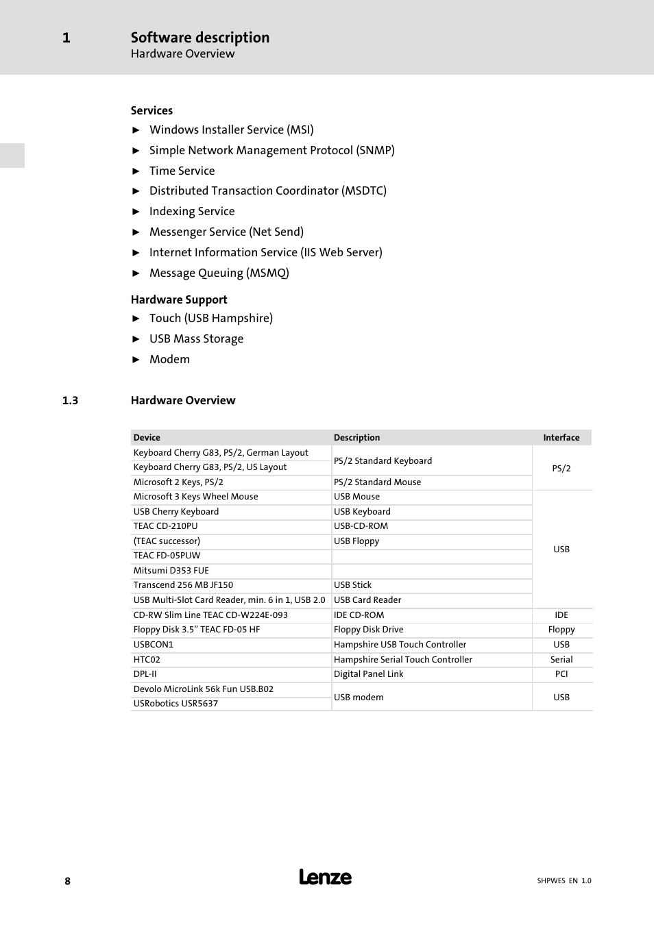 3 hardware overview, Hardware overview, Software description | Lenze IPC Operating System Windows Embedded Standard 2009 User Manual | Page 8 / 14