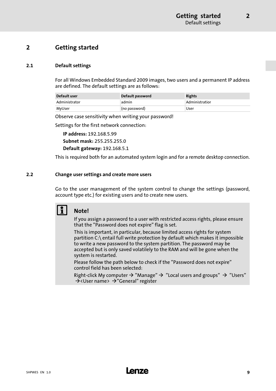2 getting started, 1 default settings, 2 change user settings and create more users | Getting started, Default settings, Change user settings and create more users, 2getting started | Lenze IPC Operating System Windows Embedded Standard 2009 User Manual | Page 9 / 14