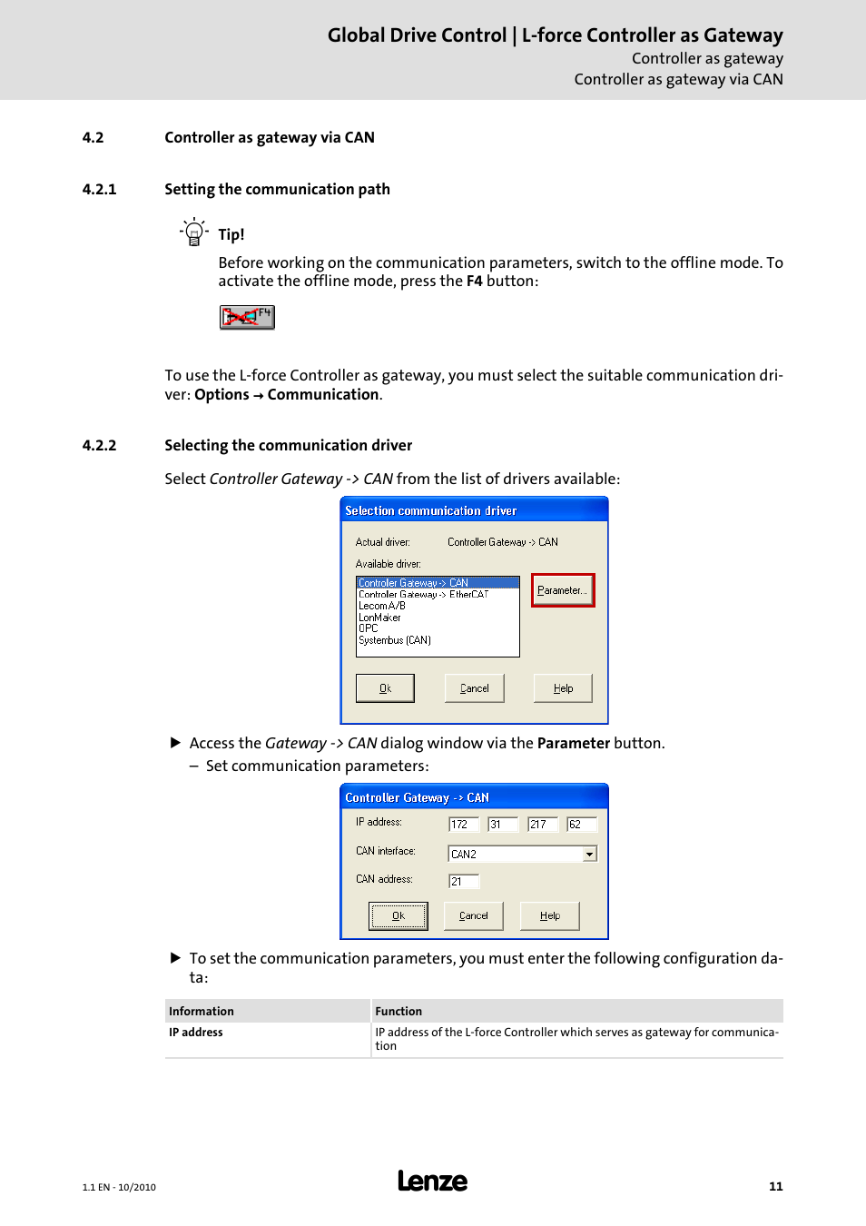 2 controller as gateway via can, 1 setting the communication path, 2 selecting the communication driver | Lenze Global Drive Control (GDC) User Manual | Page 11 / 20