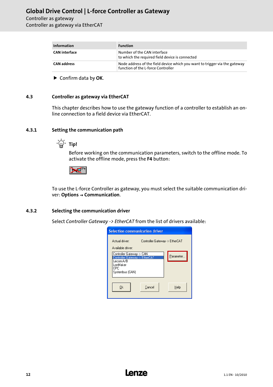 3 controller as gateway via ethercat, 1 setting the communication path, 2 selecting the communication driver | Lenze Global Drive Control (GDC) User Manual | Page 12 / 20