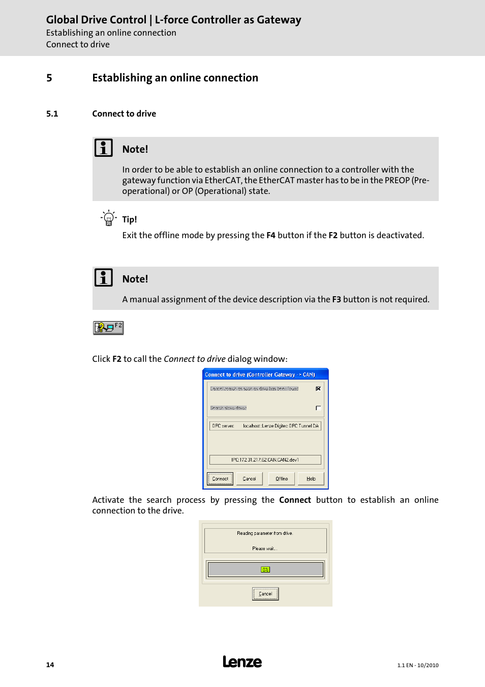5 establishing an online connection, 1 connect to drive, Establishing an online connection | Lenze Global Drive Control (GDC) User Manual | Page 14 / 20
