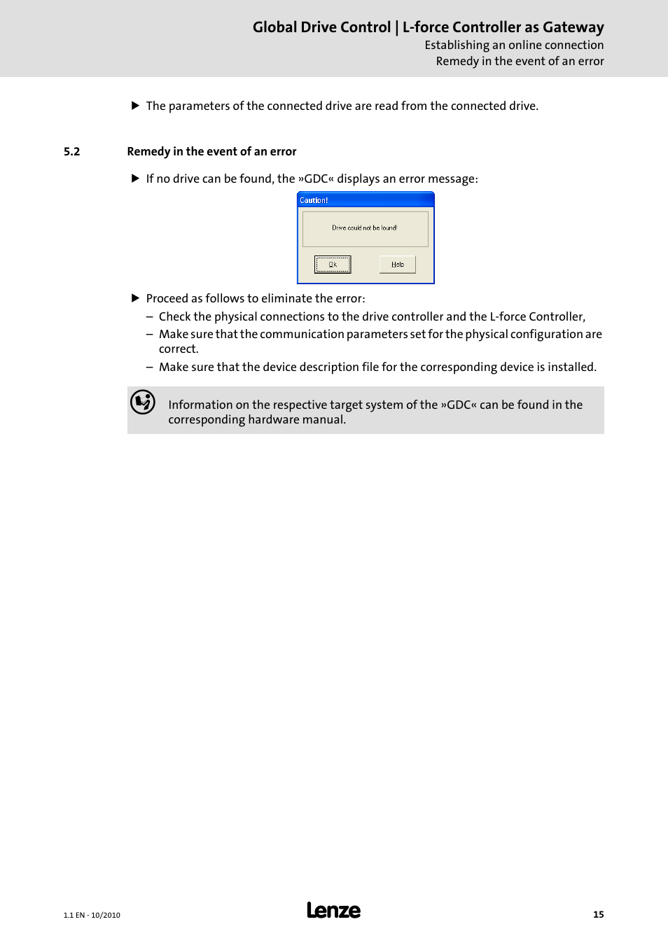 2 remedy in the event of an error | Lenze Global Drive Control (GDC) User Manual | Page 15 / 20