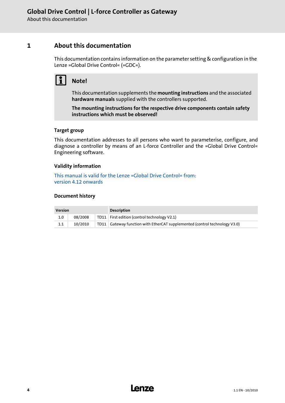 1 about this documentation, About this documentation, 1about this documentation | Lenze Global Drive Control (GDC) User Manual | Page 4 / 20
