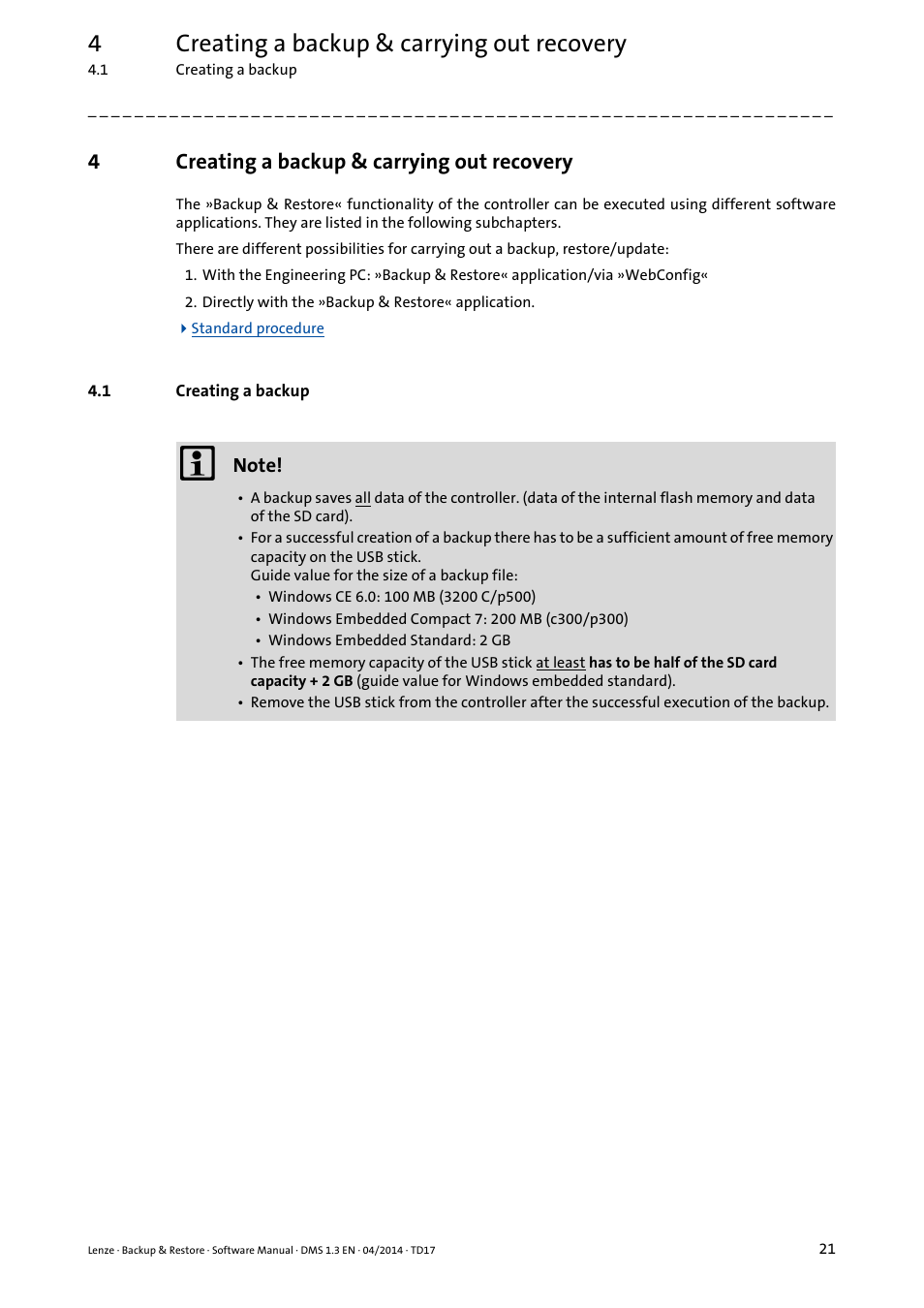 4 creating a backup & carrying out recovery, 1 creating a backup, Creating a backup & carrying out recovery | 4creating a backup & carrying out recovery | Lenze Backup & Restore Data saving and restoring User Manual | Page 21 / 43
