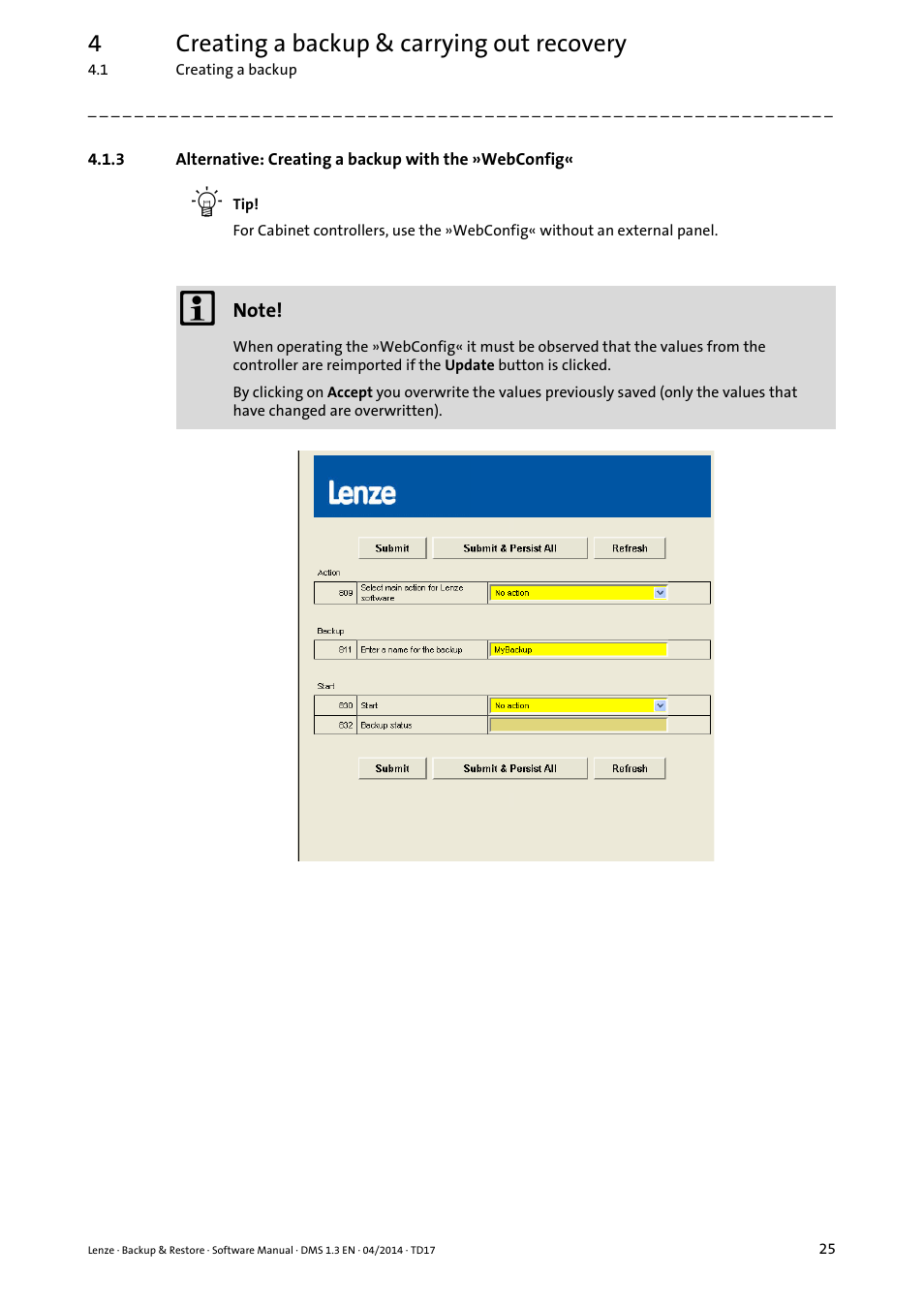 4creating a backup & carrying out recovery | Lenze Backup & Restore Data saving and restoring User Manual | Page 25 / 43