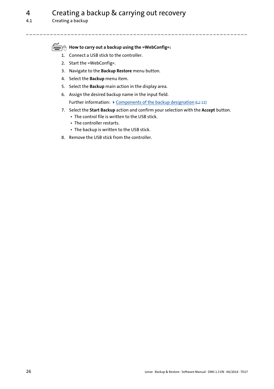 4creating a backup & carrying out recovery | Lenze Backup & Restore Data saving and restoring User Manual | Page 26 / 43