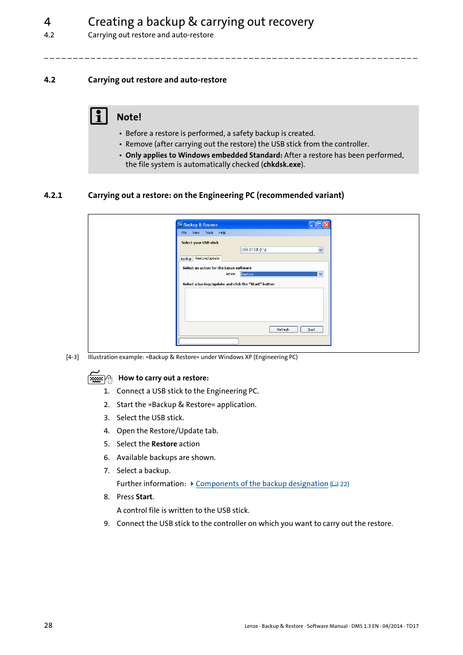 2 carrying out restore and auto-restore, 4creating a backup & carrying out recovery | Lenze Backup & Restore Data saving and restoring User Manual | Page 28 / 43