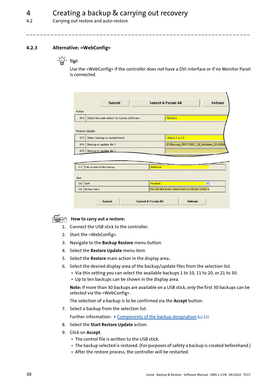 3 alternative: »webconfig, 4creating a backup & carrying out recovery | Lenze Backup & Restore Data saving and restoring User Manual | Page 30 / 43