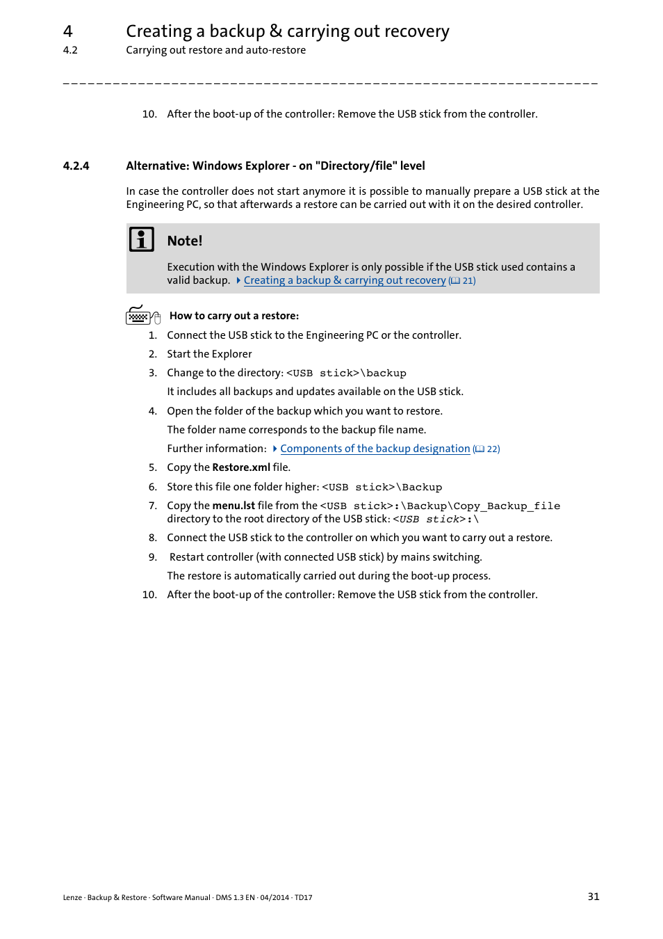 4creating a backup & carrying out recovery | Lenze Backup & Restore Data saving and restoring User Manual | Page 31 / 43