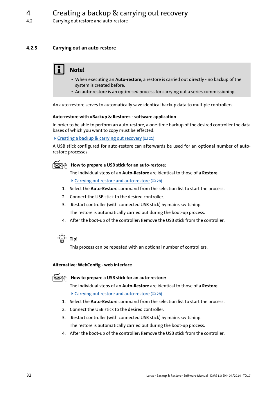 5 carrying out an auto-restore, 4creating a backup & carrying out recovery | Lenze Backup & Restore Data saving and restoring User Manual | Page 32 / 43