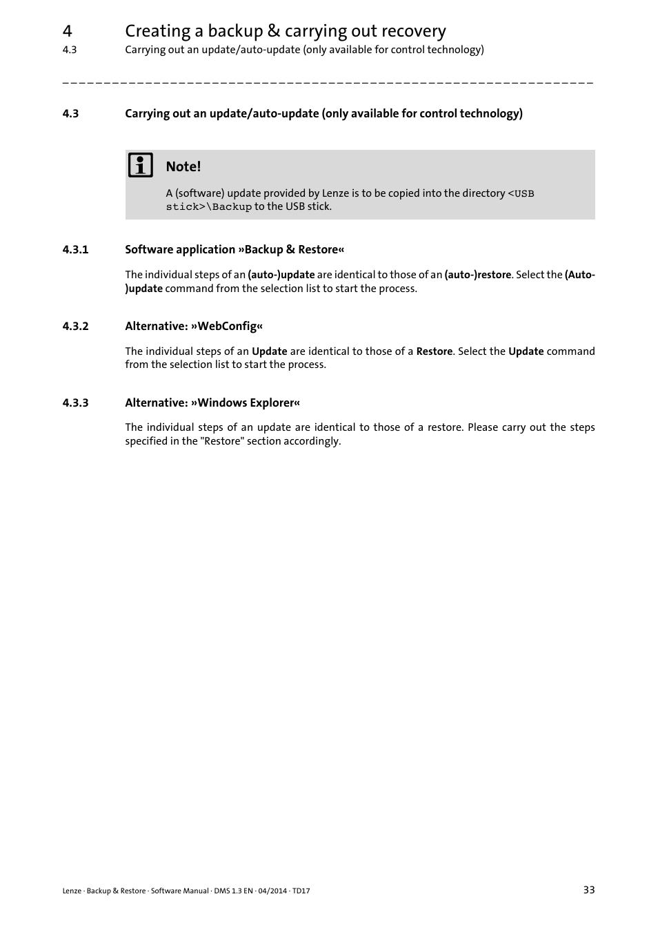 1 software application »backup & restore, 2 alternative: »webconfig, 3 alternative: »windows explorer | Alternative: »windows explorer, 4creating a backup & carrying out recovery | Lenze Backup & Restore Data saving and restoring User Manual | Page 33 / 43
