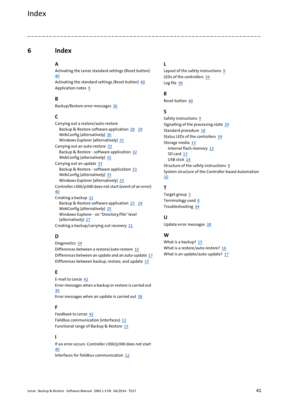 6 index, Index, 6index | Lenze Backup & Restore Data saving and restoring User Manual | Page 41 / 43
