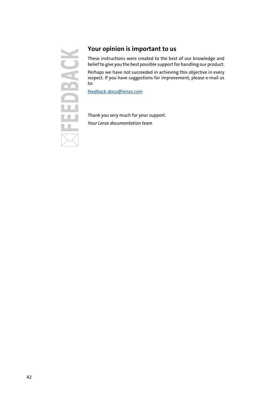 Your opinion is important to us | Lenze Backup & Restore Data saving and restoring User Manual | Page 42 / 43